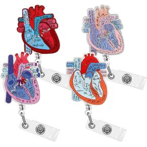 4 Pcs Cardiac Badge Reel Retractable Cardiac Heart Phlebotomy Badge Reel Holder Funny ID Name Card Tag Clip Pediatric Badge Holder for Nurses Nursing Anatomy Doctor Assistant Accessories