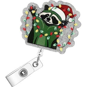 Christmas Badge Reel Retractable Clip, Funny Raccoon Cute ID Badge Holder, Holiday Nurse Badge Reels with 360° Alligator Clip & 24" Durable Nylon Retractable Cord | Acrylic for Office Doctor Teachers