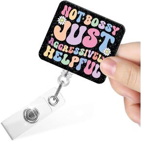 Not Bossy Just Aggressively Helpful Glitter Retractable Badge Reel with Alligator Clip, Funny Snarky Badge Holder for Doctor Nurse Night Shift Social Worker Volunteer Teacher Office Staff