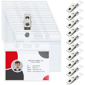 Uniclife 50 Pack ID Badge Holder Horizontal Clear Plastic Case Metal Badge Clips with Clear PVC Straps Double-Hole ID Badge Clips and Straps with Snap for Office School Credit Cards Key Cards