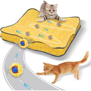Interactive Cat Toy - Fast Rolling Ball in Pouch, Motion Activate Automatic Cat Toy, Hide and Seek Mouse Catching Game for Bored Indoor Cats, 2 in 1 Cat Play Mat - Yellow