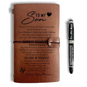 To My Son Leather Journal, Engraved Gift Pen, Roller Ballpen, Ballpoint Pen, Leather Notebook and Pen Gift for Son, 160 Pages Notebook, Graduation Back to School Fathers Day Birthday Christmas Gift-D5