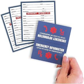 Emergency Info ICE Folded Wallet Card | 10 pk 2x3.5" Blue Medications, Blood Type Identification Card Contacts, Doctor, Allergies in Case of Emergency Bulk Medical ID