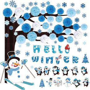 Whaline 118Pcs 3D Winter Honeycomb Bulletin Board Winter Wonderland Cutouts for Classroom Winter 3D Tree with Paper Pom Poms Snowman Penguin Snowflake Bulletin Board for Xmas Home Party Wall Door