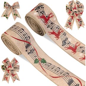 2 Rolls 20 Yards Christmas Music Note Ribbon 2.5Inch Holly Berry Red Reindeer Burlap Ribbon Musical Fabric Ribbons for Christmas Tree Decorations DIY Wreaths Gift Wrapping Crafts