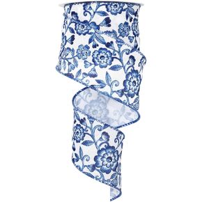 Blue White Floral Wired Edge Ribbon Chinoiserie Flower Craft Ribbon Decorative Fabric Ribbon for Wreath Bow Making DIY Crafts Wrapping Party Decor Supplies, 1 Roll, 12 Yard