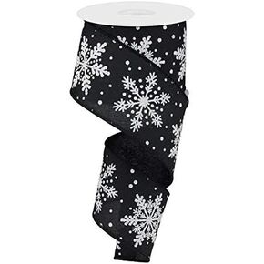 Glittered Snowflake Wired Edge Ribbon - 10 Yards (Black, White, 2.5 Inches)