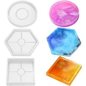 Pack of 3 DIY Coaster Silicone Mold, SourceTon Resin Molds Include Round, Square, Hexagon, Molds for Casting with Resin, Cement
