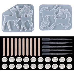 Luomi 2Pcs Resin Christmas Elk Molds Christmas Ornament Resin Molds Deer Silicone Mold for Resin Epoxy Casting Xmas Mould DIY Keychain Hanging Tag Decor with Stirrer, Finger Sets,Droppers