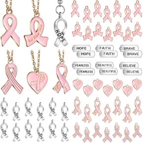 108 Pieces Breast Cancer Awareness Charms Pink Ribbon Hope Ribbon Charms Pendants Inspirational Word Pendants Set Pink Silver Gold Engraved Words Charms for Jewelry Making DIY Craft Making Supplies