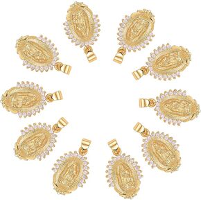 Ornaland 10 Pcs Oval Holy Virgin Maria Charms 18K Gold Plated Brass Cubic Zirconia Maria Pattern Pendants for Jewelry Making