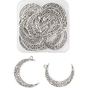 Cheriswelry 20Pcs Tibetan Style Alloy Crescent Moon Pendants Antique Silver Filigree Moon Alloy Charms Metal Moon Dangle Charms 40mm for DIY Necklace Earring Jewelry Making
