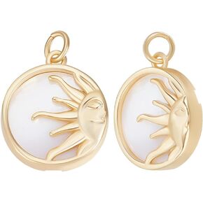 Beebeecraft 1 Box 5Pcs Sun Charms 18K Gold Plated Brass Natural Shell Flat Round Celestial Charms for Jewelry Making Necklace Bracelet DIY Crafts