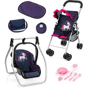 Bayer Design Dolls: 11 Piece Stroller Set - Navy, Pink, Hearts, Unicorn - Swing, Bag, Changing Mat, Feeding Accessories for Dolls, Kids Toy, Ages 3+