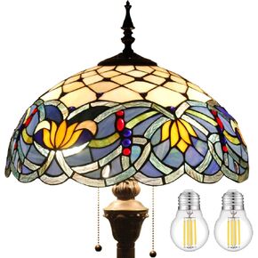 WERFACTORY Tiffany Floor Lamp Blue Lotus Stained Glass Flower Standing Reading Light 16X16X64 Inches Antique Pole Corner Lamp Decor Bedroom Living Room Home Office S220 Series