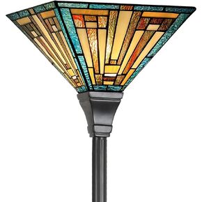 Tiffany Torchiere Floor Lamp Mission Style Green Stained Glass Torch Light 70" Tall Antique Standing Corner Light for Living Room Bedroom Home Office