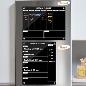 Kamehame Weekly Dry Erase Board for Refrigerator, Magnetic Weekly Calendar for Fridge, Black Acrylic Note Board, Planner Schedule Board, Double-Sided Use