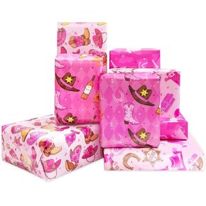 UgyDuky 12 Sheets Western Wrapping Paper Cowgirl Boots Horseshoe Bull Cactus Wild West-theme Pink Gift Wrap Paper, Folded Flat Art Paper for Girls Cowboy Birthday Wedding Baby Shower DIY Crafts Gift Packing(4 Design 20'' x 27'')