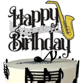 Saxophone Happy Birthday Cake Topper Black Gold Glitter Saxophone Musical Music Notes Cake Decorations Music Lovers Band Themed Birthday Party Supplies for Musician