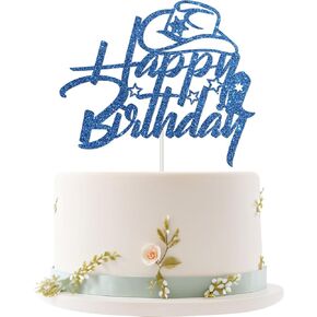 Happy Birthday Cake Topper, Western Theme Birthday Party Decorations, Wild West Birthday Cake Picks for Cowboy Cowgirl, Blue Glitter