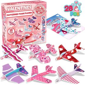 28 Pack Valentines Day Cards for Kids School with Foam Airplane Valentines Day Gifts for Kids Classroom Valentines Exchange Prize Gifts Cards Boys &Girl Valentines Airplane Party Favors
