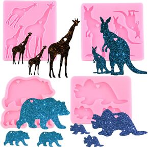 Polar Bear Family Silicone Keychain Mold Kangaroo Giraffe Triceratops Epoxy Resin Molds Epoxy Phone Pendant Keychain Mold for Jewelry Decorative Craft Set of 4