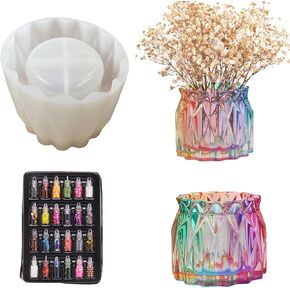 Cayway Vase Resin Silicone Molds, Vase Resin Casting Molds, Epoxy Resin Diamond Faceted Vase DIY Casting Silicone Molds with 24 Color Glitters for Jewelry Box Art Crafts Home Decor