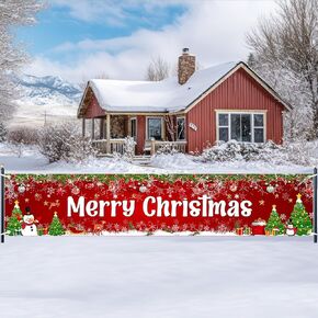 Merry Christmas Banner 8x2 ft Christmas Banners for Outside Large Christmas Banner Red Outdoor Christmas Banner Christmas Fence Decorations
