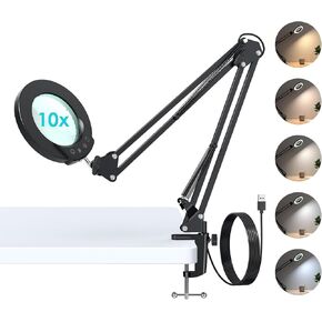 Upgraded 10X Magnifying Glass with Light and Clamp, Touch Control Real Glass Magnifier with Extended Swing Arm, 5 Color 5 Brightness Hand Free Desk Lamp for Craft Close Work Repair Sewing Hobby