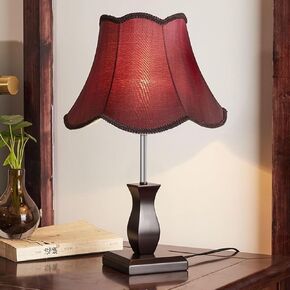 Red Retro Wood Table Lamp, Warm Light Desk Lights with Linen Shade LED Bedroom Bedside Light Living Room Office Desk Night Lantern 18.5inch American Desktop Light for Home