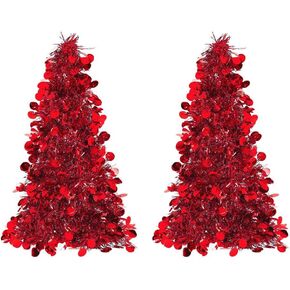 Red Tinsel Christmas Tree Table Centerpiece - 10in. - Quantity of 2