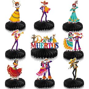 Containlol 9 Pcs Dia De Los Muertos Decorations Day of The Dead Honeycomb Centerpieces Sugar Skull Table Decorations Day of The Dead Party Decorations for Halloween Dia De Los Muertos Party Supplies