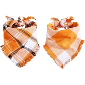 Orange Plaid Dog Bandanas 2 pcs, Triangle Reversible Dog Bandanas for Boys and Girls, 100% Cotton Double Layer Dog Scarf, Plaid Bandanas for Small and Medium Dogs Cats