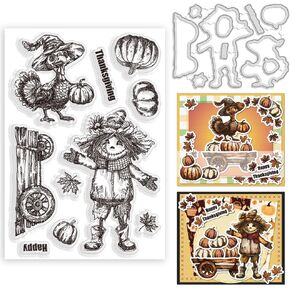 Thanksgiving Scarecrows Stamps and Dies for Card Making Autumn Harvest Scarecrows Pumpkins Maple Leaf Background Die Cuts and Stamps Set for Scrapbooking Album DIY Embossing Halloween Gifts