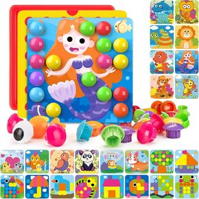 Geekper 68PCS Button Art Toys for Toddlers Color Matching Mosaic Pegboard, Early Learning Educational Toys for 3, 4, 5, 6 Year Old Kids Boys and Girls, 10 Pictures and 58 Buttons