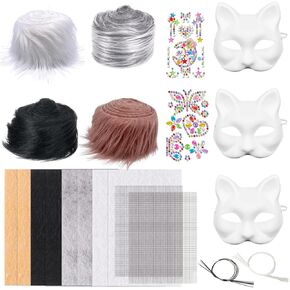 Orizizhic DIY Cat Fox Mask with Fur and Eye Mesh Gem Stickers, Felt Fabric Sheet Faux Fur Strips DIY Mask Material Kit, Animal Costume Masks Cat Face Mask for Halloween Masquerade Cosplay