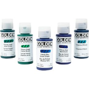 Golden Fluid Acrylic Paint Set - 5 Colors, Phthalo Blue (Green Shade), Phthalo Blue (Red Shade), Phthalo Green (Blue Shade), Phthalo Green (Yellow Shade), Phthalo Turquoise - 1 oz. Bottles