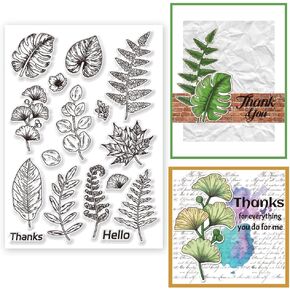 INFUNLY Leaf Clear Stamps for Card Making A4 Size Ginkgo Rubber Stamps Tropical Plants Silicone Stamps Transparent Thanks Hello Seal Stamps for Holiday Card Making DIY Scrapbooking Photo Album Decor