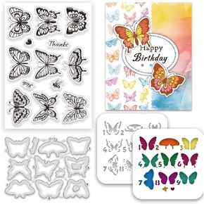 INFUNLY Butterfly Clear Stamps and Cutting Dies for Card Making Layered DIY Butterfly Metal Die Cuts Butterfly Draw Paint Stencil Butterfly Transparent Silicone Stamp for Scrapbooking Craft Decor