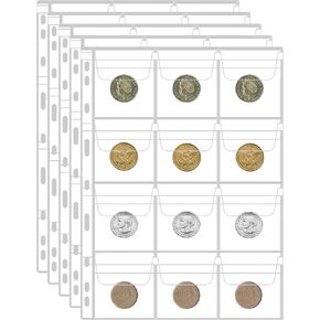 12 Pockets Coin Collection Sleeves,10 Sheets Standard 9-Hole Coin Collecting Pages for Coin, Stamp and Badges