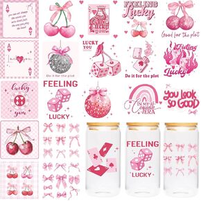 Conquette UV DTF Cup Wraps - 20 Sheet Pink UV DTF Transfer Stickers, UVDTF Cup Wraps for 16 oz, Bow Poker Rainbow Design Waterproof Rub on Transfer for Glass
