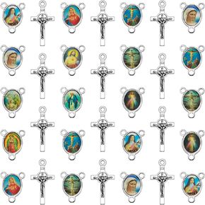 60Pcs/30Sets Rosary Making Kits Supplies Alloy Religion Cross and Center Medal Charms Pendant Oval Chandelier Links for Diy Prayer Necklace Jewelry