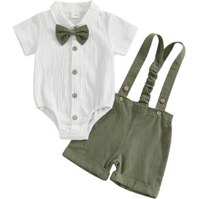 Summer Outfit Infant Baby Boy Gentleman Short Sleeve Romper Dress Shirt Suspender Shorts 2Pcs Suit Clothes Set