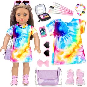 13 Pcs American 18 Inch Doll Accessories and Clothes, Doll Makeup Accessories Set Include Girl Doll Makeup Brush, Eye Shadow,Necklace, Shoulder Bag,Doll Dress,Doll Shoes,Bow Knot Hairpin(No Doll)