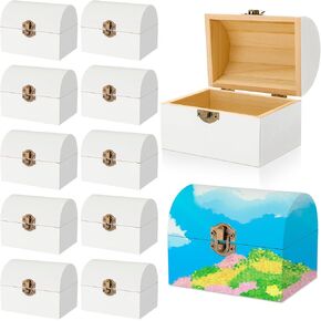 Menkxi 12 Pcs Unfinished Wooden Treasure Chest Boxes 4.7 x 3.5 x 3.1 Inch Mini Small DIY Treasure Chests Craft Bulk with Hinged Lid to Paint Party Gifts Prizes(Brown)