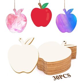 30Pcs Apple Unfinished Wooden Gift Ornaments DIY Craft Teachers' Day Activity Paintable Blank Natural Fruit Apple Cutouts Hanging Wood Slices for Kids Classroom Art Crafts Party Supplies