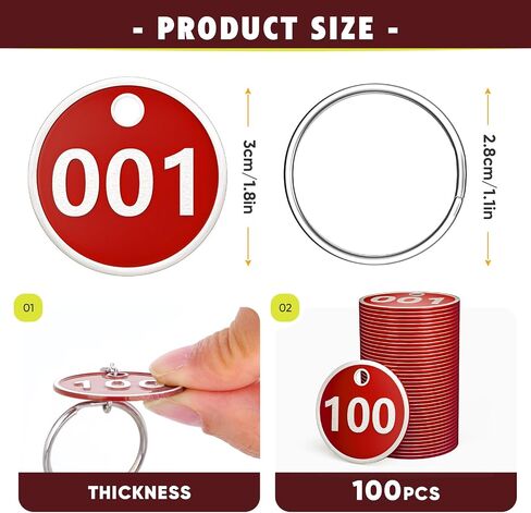 Numbers 1-100 Metal Number Tags, Aluminum Alloy Round Numbered Key Tags for Luggage Labels Clothes Dormitory Box Key Chain, Red in Saudi Arabia