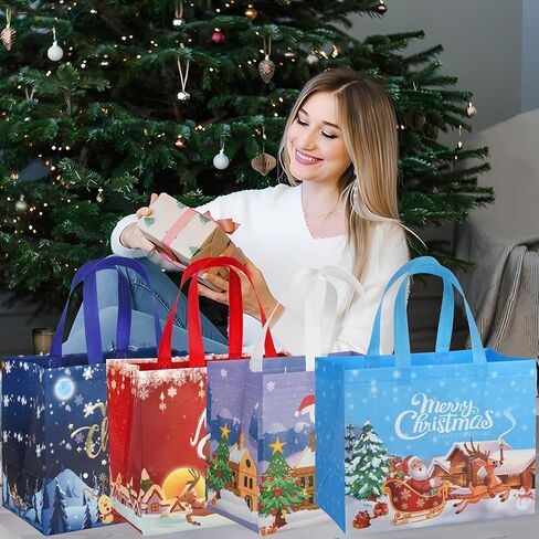 BlazehHy 12 Packs Christmas Gift Bags Reusable large Christmas Tote Bags with Handles for New Year's Shopping Xmas Gifts Wrapping Party Supplies in Saudi Arabia