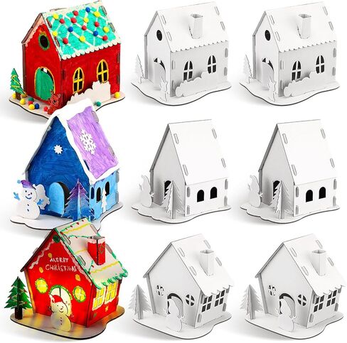 Thyle 9 Sets Christmas Paper Coloring Gingerbread House Kit DIY Christmas Cardboard House Christmas Craft Kit Gingerbread House for Kids Boy Girl Adult Christmas Party Game Decoration(Classic Style) in Kuwait