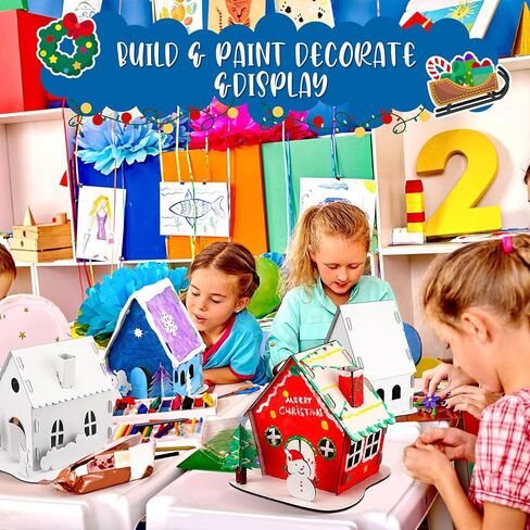 Thyle 9 Sets Christmas Paper Coloring Gingerbread House Kit DIY Christmas Cardboard House Christmas Craft Kit Gingerbread House for Kids Boy Girl Adult Christmas Party Game Decoration(Classic Style) in Kuwait